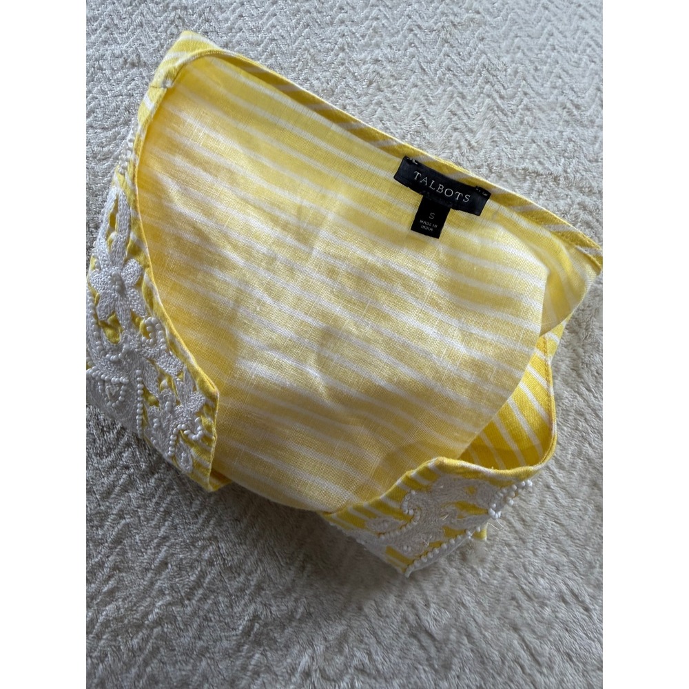 Talbots Womens Yellow White Striped 100% Linen Embroidered V-Neck Tunic Top S - Picture 16 of 16